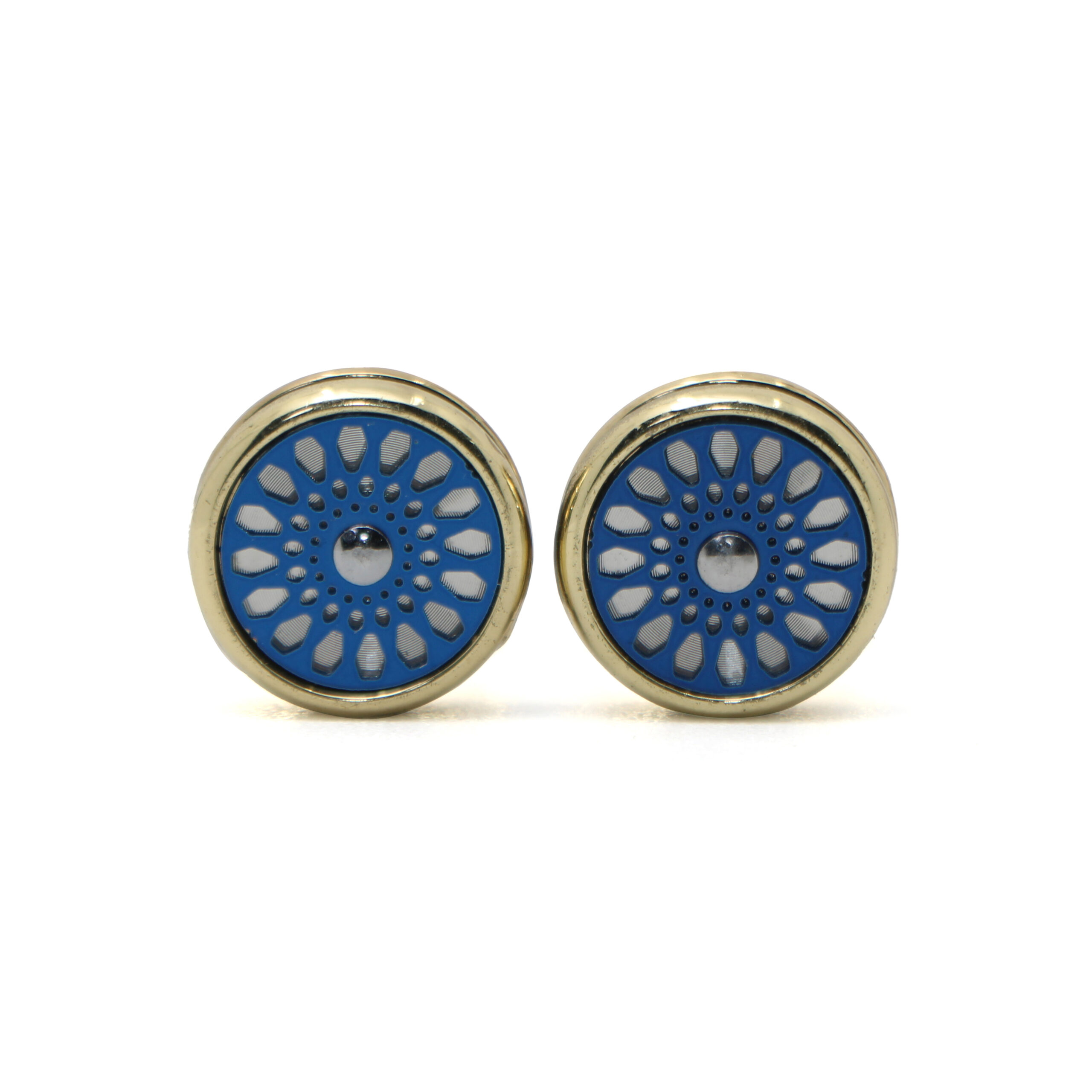 Cufflers Novelty Silver Cufflinks with Free Gift Box – Stylish Round Design with Mid Blue Flower – CU-2013